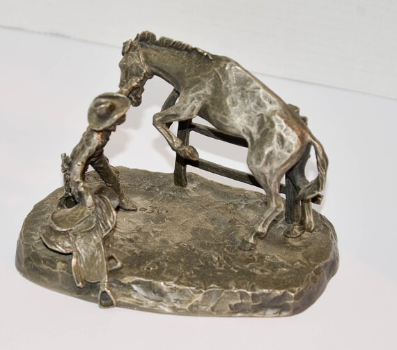 Worcester Pewter Sculpture by Philip Kraczkowski Western the Catch The American West 1976 Saddle Shy Cowboy saddling bucking Horse