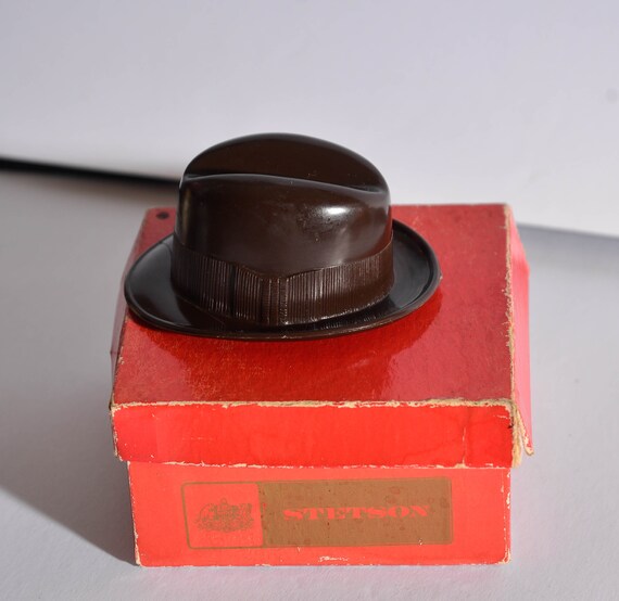 Miniature Brown Plastic Stetson hat with box Vintage Stetson Advertising Promo