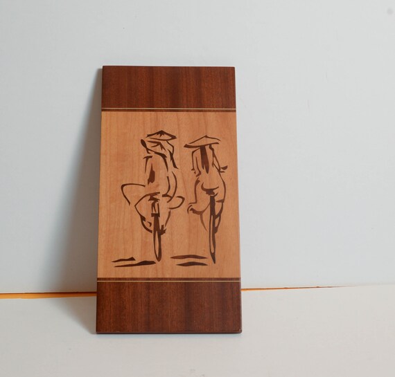 Viet Nam Asian Bicycle Inlaid Marquetry Wooden Plaque Girls on Bikes Mid Century Abstract Beautiful Wall Art Asian Decor Orientalia