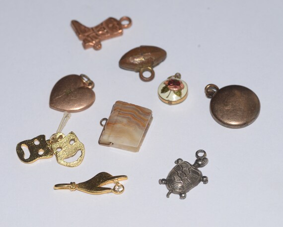 Lot of vintage charms for Charm Bracelets hand, turtle, heart, locket, boot , drama mask more 9 pieces jewelry findings free ship