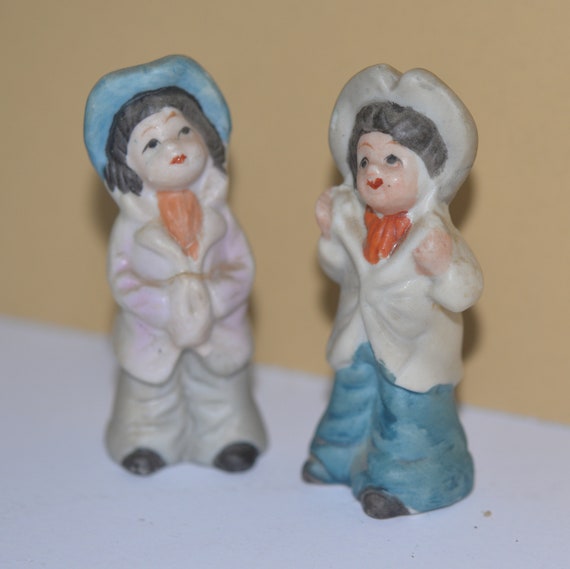 Pair of Made in Japan Bisque Children Playing dressup figurines 1950s 4 inches Children Figures