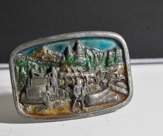 Vintage Belt Buckle Bergamot Lumberjack Tree Cutter Lumber Truck Mutiple Colors