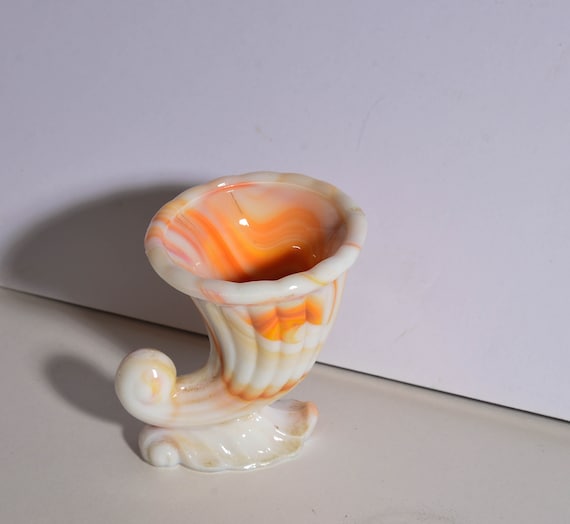 Agate Ware Slag Glass Marbled Urn Toothpick Holder NY Vogue Merc Mercantile Vintage glass floral embossed Cornucopia