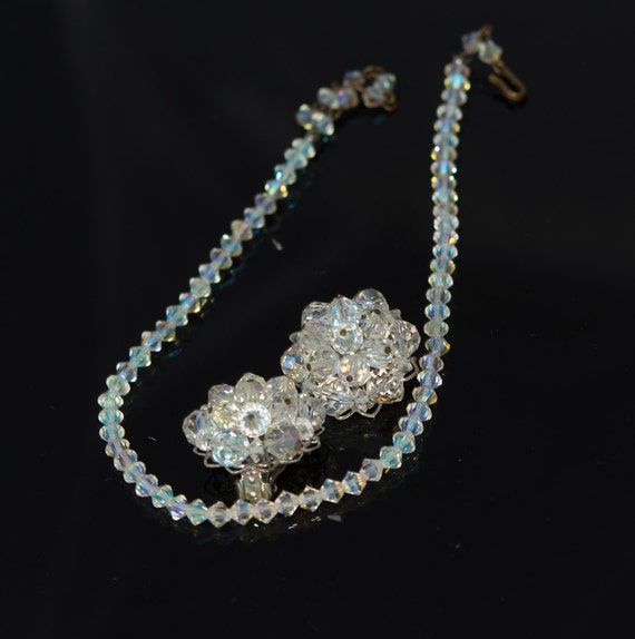 Rhinestone Necklace and earrings aurora borealis reflections Night out or in clip Vintage Dress Glamour