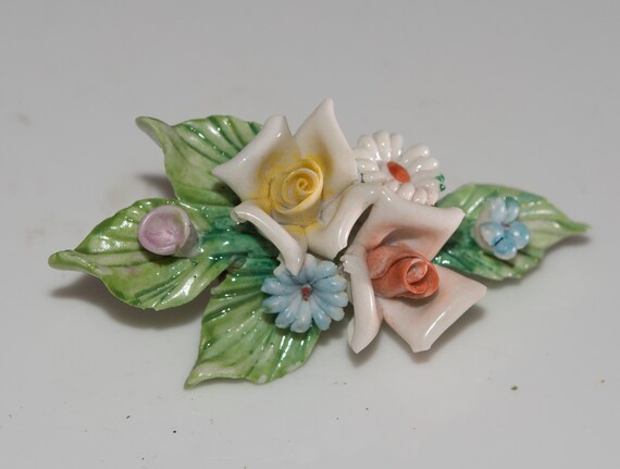 porcelain capodimonte style brooch or pin, clay hand made floral spray