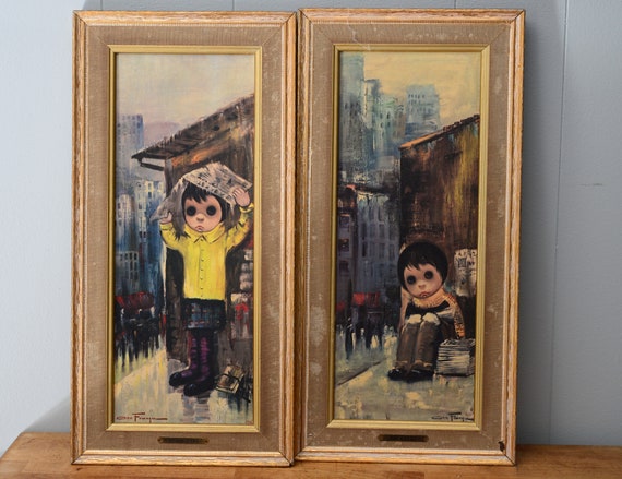 Ozz Franca 1960s Framed Prints Vintage Big Eye Children Cover Girl and No Sale News Boy 18x9 inches Mid Centry Bold Art