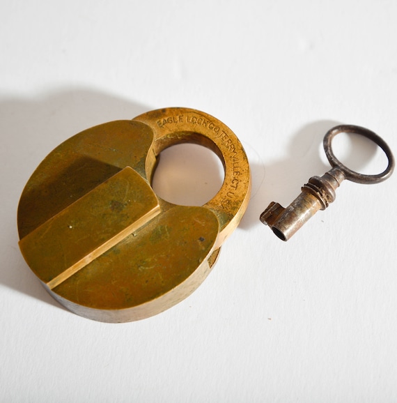 Large Brass Pancake Padlock Eagle Padlock Locks Terryville Connecticut Ct Vintage padlock