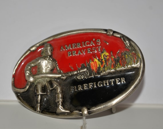 Americas Bravest Firefighter Enamel Colorful Brass Belt Buckle Vintage 1980s Volunteer Fireman Fireman 8864