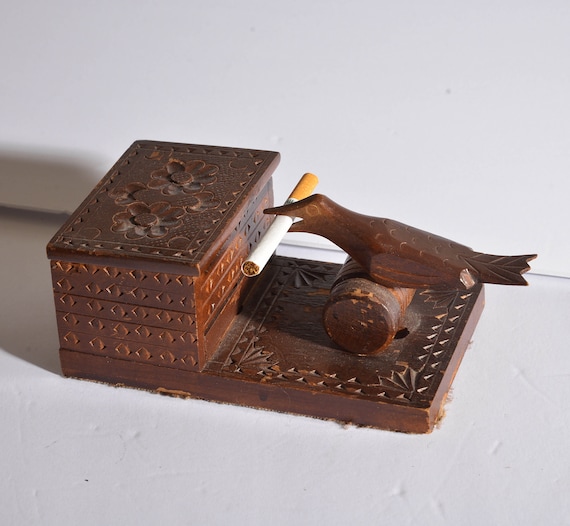 Mechanical Cigarette storageBox Vintage wood Bird Picks up cigarette Folk Art hand made