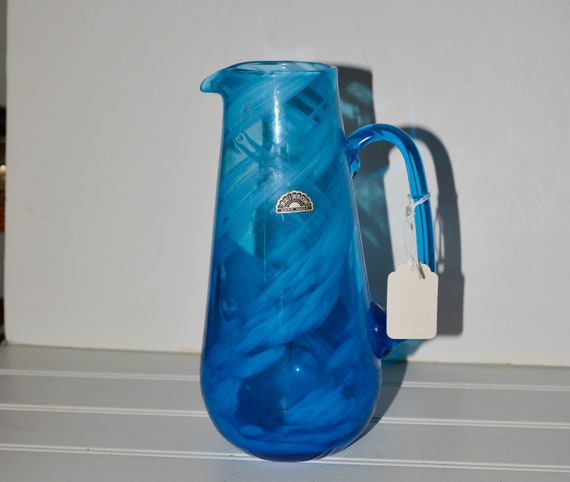 Rainbow Art Glass Blue swirl Glass Pitcher Rough Cut Pontil Viking West Virginia Glassmakers With Sticker 1960s