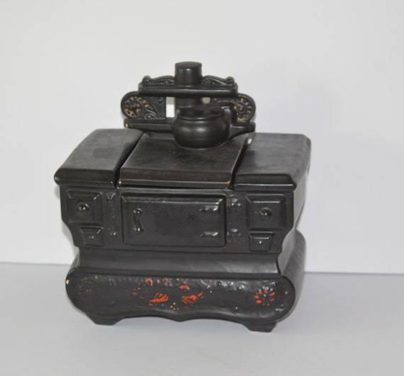 Vintage McCoy Wood Stove Cookie Jar Tole Painted Black with Red Vintage pottery Farmhouse Cookie Jar