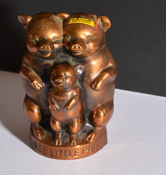 USS Alabama Ships Store Three Pigs Cast metal Piggy Bank, Souvenir Bank Three Little Pigs Copper Colored Cast metal Battleship Souvenir