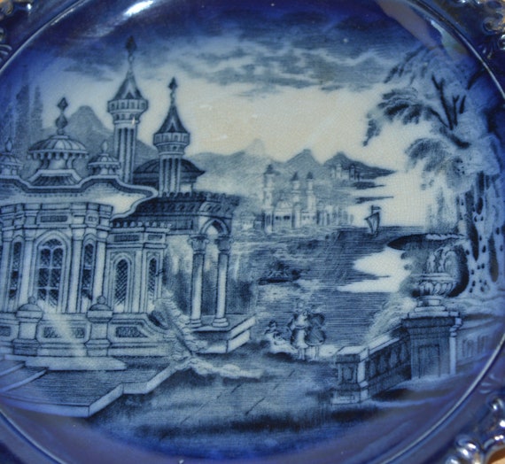 11 inch Flow Blue Transferware James Kent Persian Scene Cobalt Blue Cabinet Plate With Wire C1890-1920 free shipping us