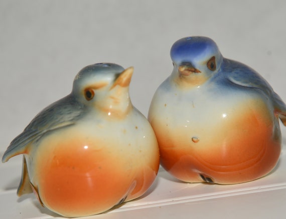 Chubby little Blue Bird Salt and Pepper Shakers Brinns Taiwan Adorable Vintage Shakers Bone China