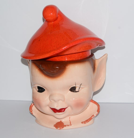 Vintage Pixie Elf Cookie Jar California Original or Similar 14 inches High Big Cold painted Bright Red Hat 1950-70s