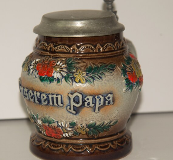 Original King Stein Our Papa Unserem Papa Salt Glaze Squat lidded Beer Stein
