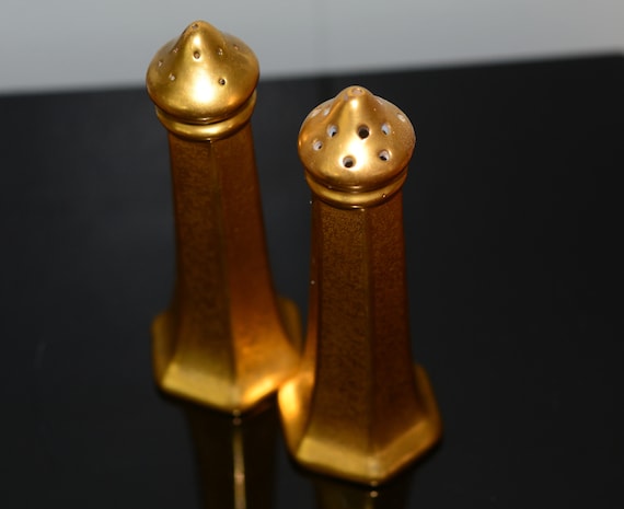 Gold Encrusted Pickard China Gold Salt and Pepper Shakers 1930s Wedding gift Formal Dining