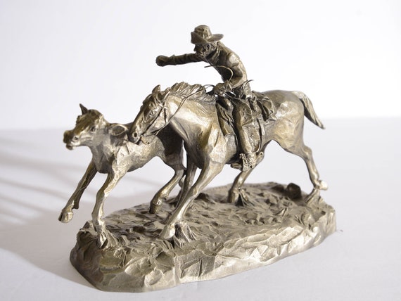 Worcester Pewter Sculpture by Philip Kraczkowski Western the Catch The American West 1974 Cowboy roping calf