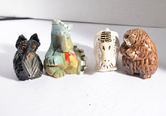 Rinconada Artesania Animals Lot of 4 Beaver , Big Horn, Dragon, Terrier Dog Vintage Uruguay handcrafted pottery animals Whimsical