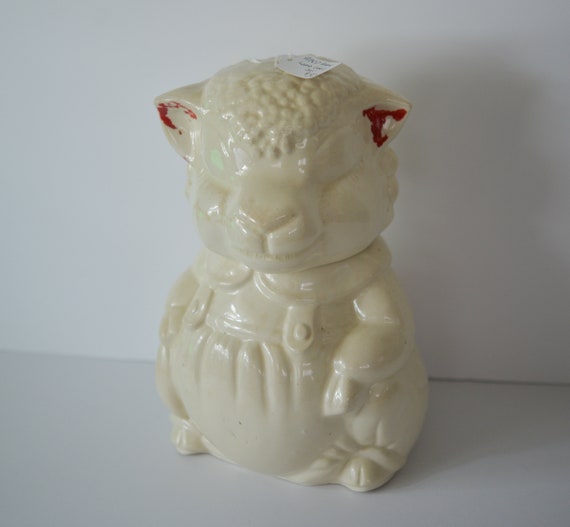 APCO Americna Pottery Lamb Cookie Jar 1940-50 American Bisque Ohio valley Pottery Farming , Country kitchen Sheep Lamb Chippy paint