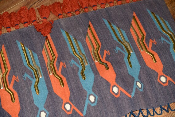 Vintage 1970-80s Olga Fisch Tapestry Mixed Metal Olga Fish Quito Ecuador Wall Hanging Mid Century Modern Mixed Media folk Art 42X27 SALE