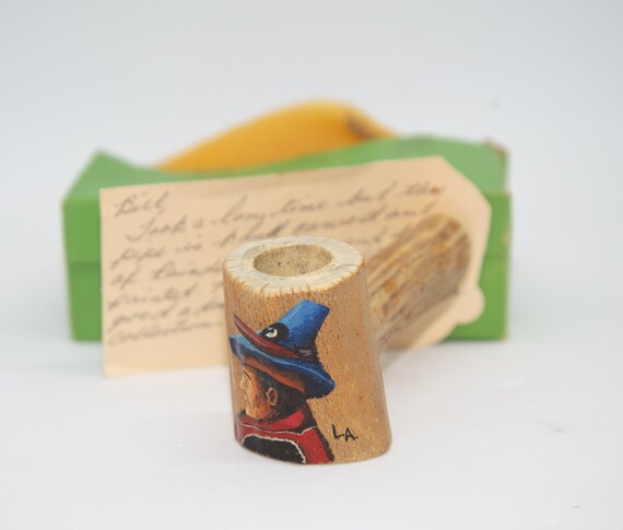 Lapland, Sami Reindeer Hand Made vintage Pipe , Handpainted folk art vintage Estate find Antler carving Swedish Sami folk Art 1960s