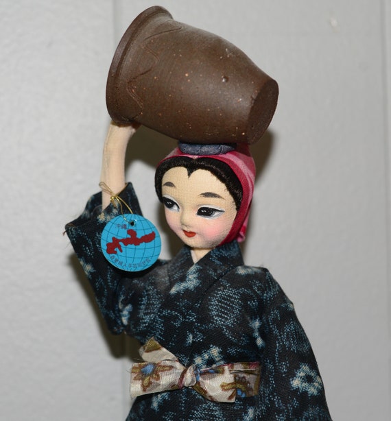 Shuri Handicraft Okinawan Doll Okinawa Japanese Cloth Kimono Doll With Basket on Head folk art Original Hang Tag