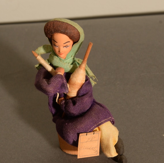 Handcrafted Doll Pisanty Jerusalem, Israel Doll Woman Weaving Cloth and Wood Folk Art Doll