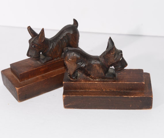 Carved Wood Scottie Scotty Dog Bookends Glass Eyes Vintage wood library Dog lover bookends Black Forest Carvings