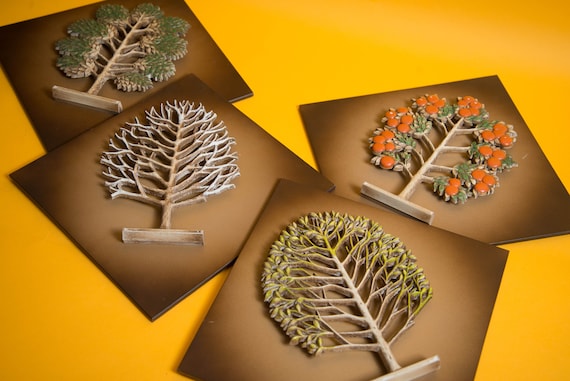 Set of 4 Mid Century 4 Seasons Syroco Wall Tiles Beautiful Three 3D Natural Decor 10 inch tiles for Mounting 1970s Syracuse NY