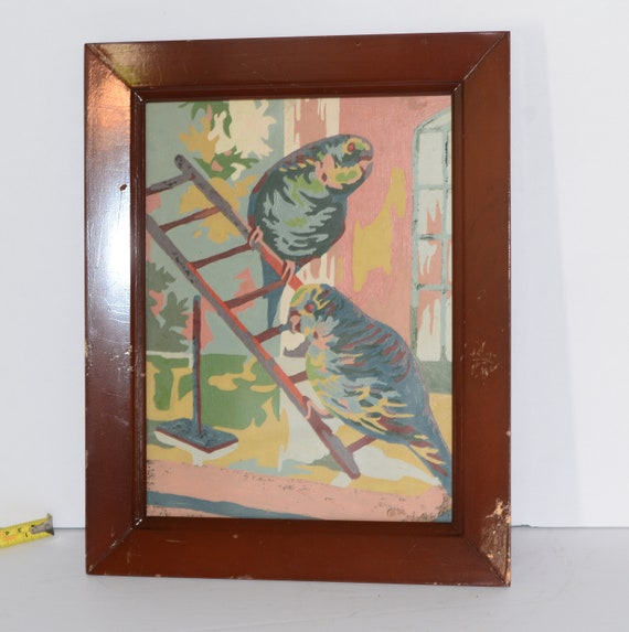 Vintage Paint By Number Parakeets Budgies 1950s or 60s Pink Green Framed Paint by Number