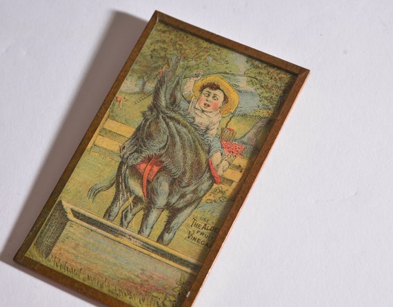 Vintage Alden Fruit Vinegar Framed Trading Card Copper Framed Vintage kitchen Decor with Donkey