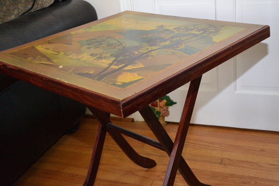 Vintage Folding Card Table Tilt Top W/ Country Scene Etsy