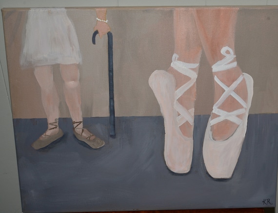 Young and Old Ballet Dancer Oil on Canvas Unframed local S.Carolina Estate Signed KR