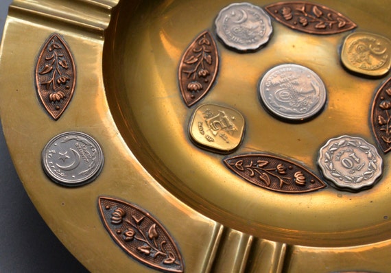 ON SALE Solid Brass Ashtray Turkish Middle Eastern Pakistan Coin Embedded Ashtray Dish Rupees