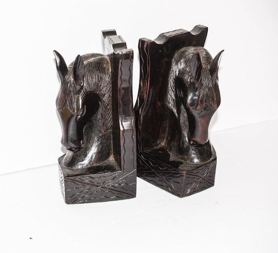 Carved Wood Horse Bookends Equestrian, Mid Century sleek Stylistic design Stylized Horse Heads Modern Abstract Horses Ironwood Very Heavy