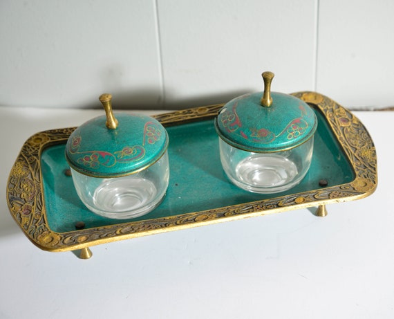 Turquoise Sea green Enameled Ornate Condiment Set on Stand 1930-50 Vintage Table Setting Condiment Sets