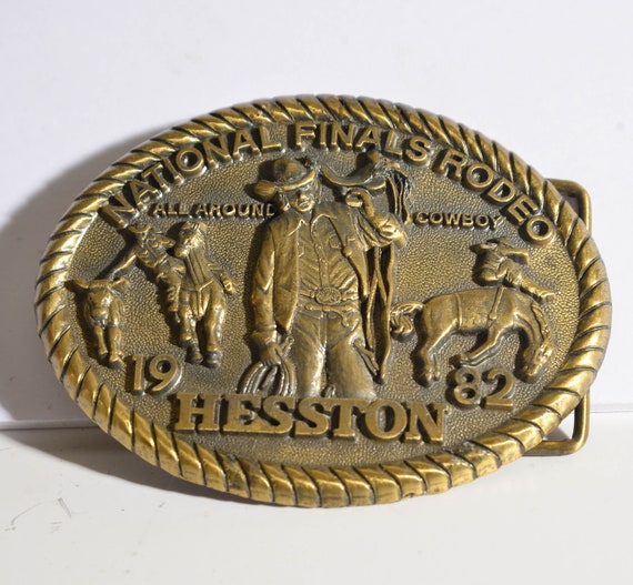Hesston 1982 Rodeo Belt Buckle National Finals All Around Cowboy Western Cowboy Brass Buckle Vintage western wear