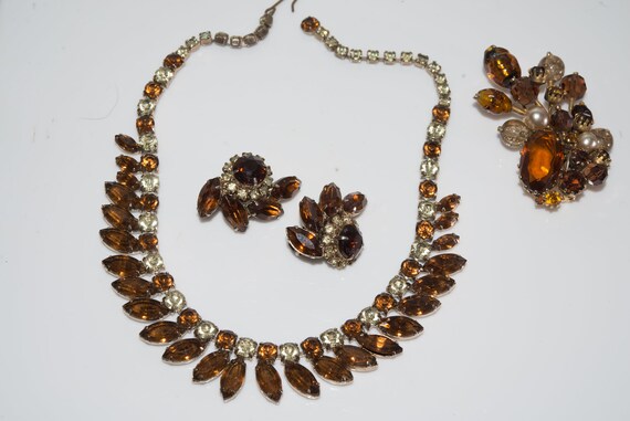 Necklace Brooch Earing set Parure Topaz Amber Costume Jewelry Set Vintage Glass Beauty Pin, Necklace and Earrings