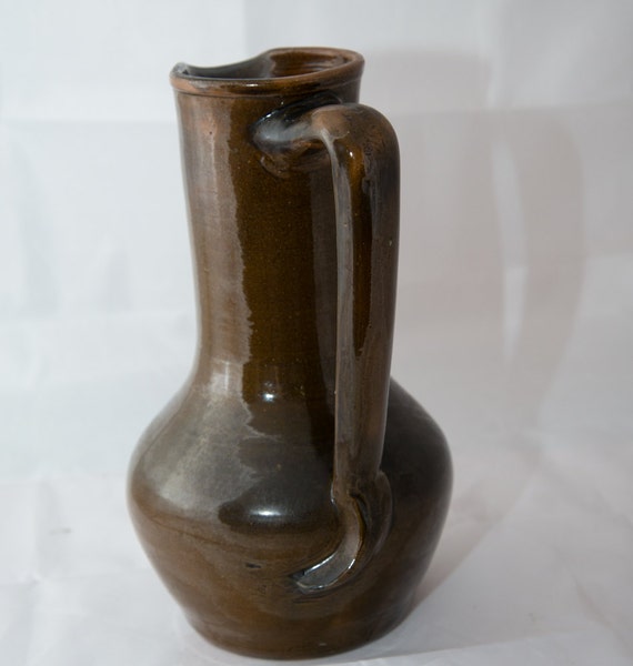 Brown Pottery Jug Possibly NC pottery, applied handle country crockware primitives Seagrove jugtown?