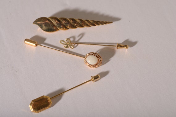 Vintage Stick Pin Lot including 10K gold victorian blank Stick Pin, Opalescent pin and Initial Pin "L" Shell Pin