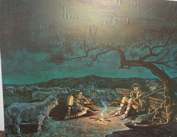 Saratoga SPA Summer Theater Harper Goff Disney Animator Prints While Shepherds Watch Two Shepherds With Fire relaxing desert night