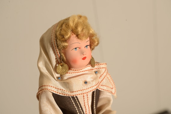 molded Cloth face Cloth Doll Vintage Greece International Costume Doll, 1940s 50s, Traditional Dress Free Ship USA