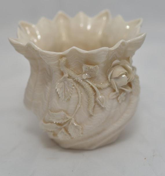 Belleek Vase Applied Roses and Shamrock 4th Green Mark Lusterware with Glitter on Roses 1945-56 Unpainted