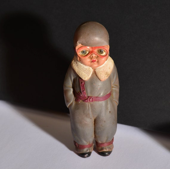 Big eyed Japan Celluloid Doll Aviator Very unusual fighter pilot Figurine Celluloid doll