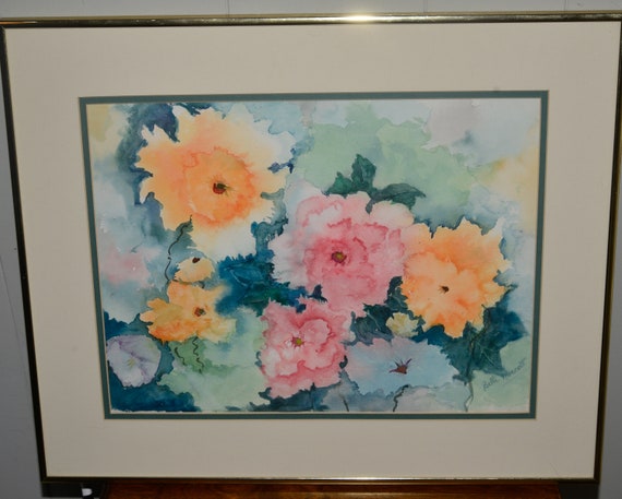 Original Water Color Soft Pastel Pink and Peach Floral Arrangement Myrtle Beach Artist Bette Norcott