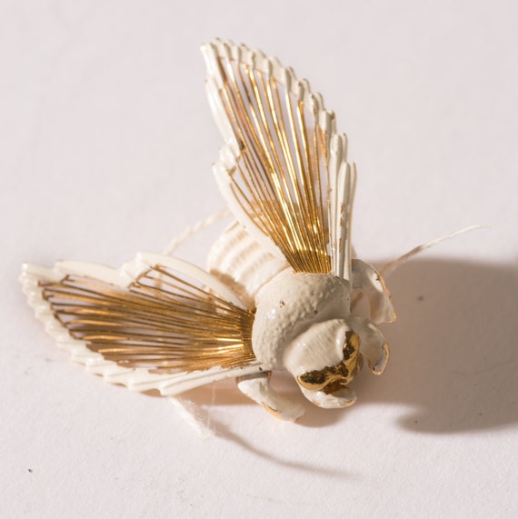 Monet White and Gold Bumblee Bug Insect Brooch Bee Pin Vintage 1960s Ships Free USA