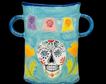 Sugarskull vase, ceramic vase, pottery vessel, vase with handles, day of the dead, Mexican holiday, Robin Chlad, Mexican decor, marigolds