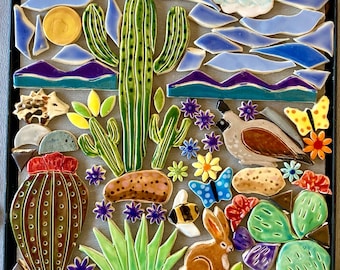 Mosaic tile Kit, Desert landscape mosaic, southwest desert, handmade tile kit, ceramic tile, Robin Chlad, mosaic project, quail tile, bunny