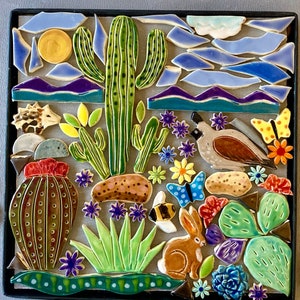 Mosaic tile Kit, Desert landscape mosaic, southwest desert, handmade tile kit, ceramic tile, Robin Chlad, mosaic project, quail tile, bunny